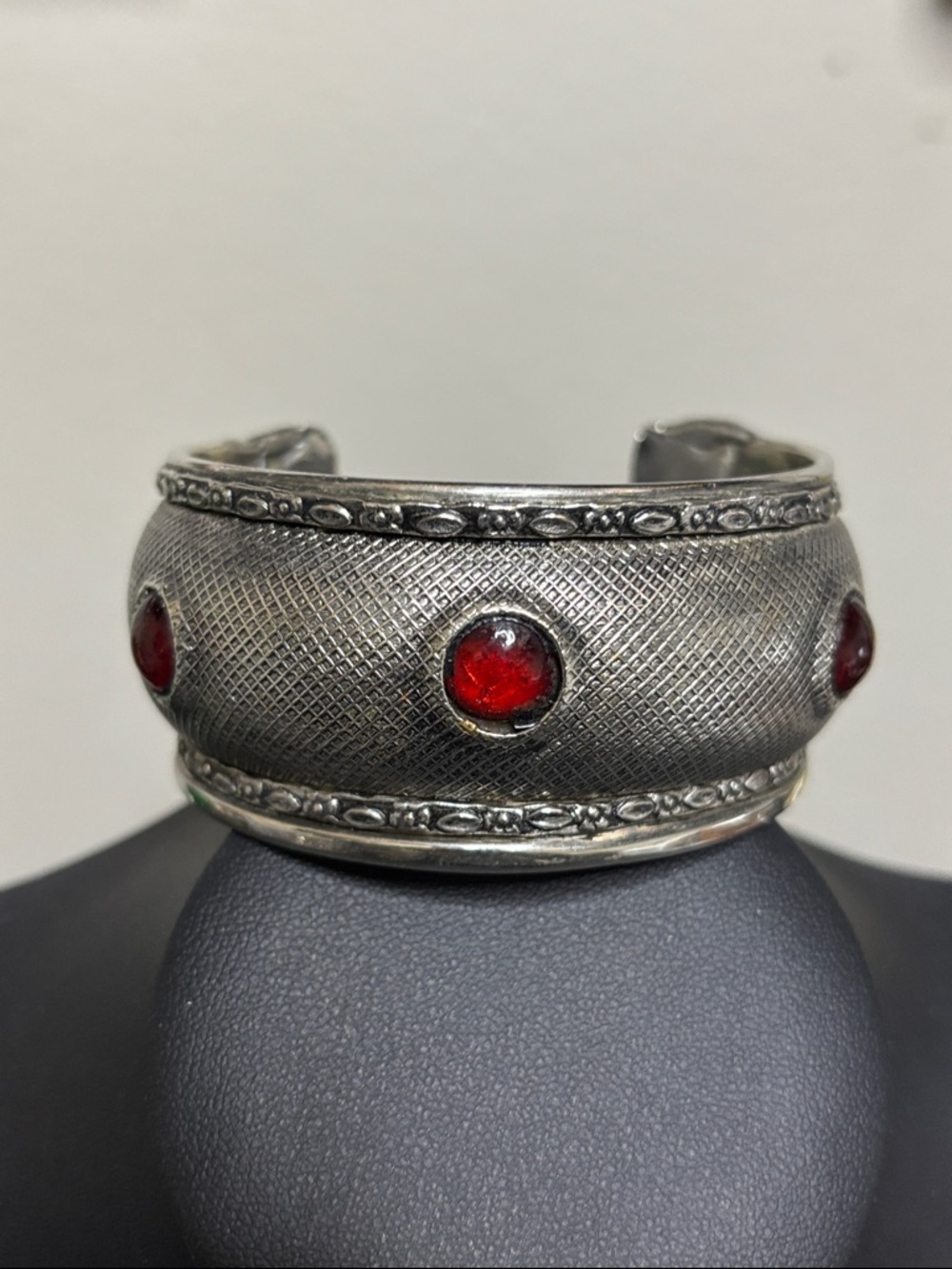 Chunky Red Glass Brutalist Silver Tone Cuff Bracelet Statement Emo